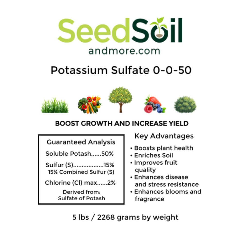 Seed, Soil, and More Sulfate of Potash (Potassium Sulfate) 0-0-50 Granular Fertilizer – 5lb Bag – Low-Chloride Fruit & Bloom Booster