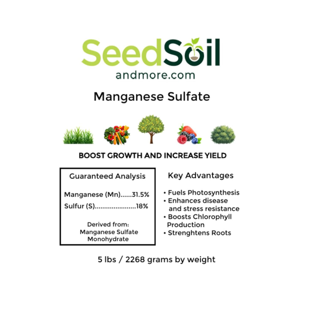 Seed, Soil, and More Manganese Sulfate Granular Fertilizer – Corrects Manganese Deficiency, Promotes Greener Leaves & Stronger Plant Growth – for Gardens, Trees, Lawns & Crops (5 lbs)
