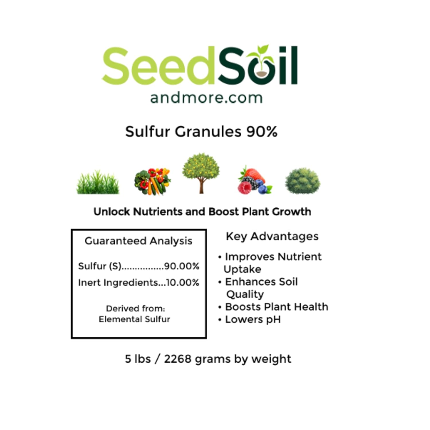 Seed, Soil, and More Elemental Sulfur Granules 90% - Lowers Soil pH, Soil Conditioner for Lawns, Gardens & Plants – 5 lbs