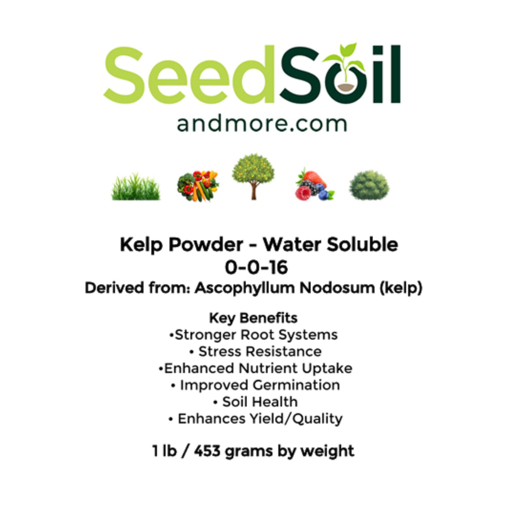 Seed, Soil, and More Kelp Powder 0-0-16 – Water Soluble Seaweed Fertilizer – Plant Growth Enhancer with Natural Micronutrients & Boosters – for Vegetables, Flowers, Lawns & Hydroponics (1 lb)