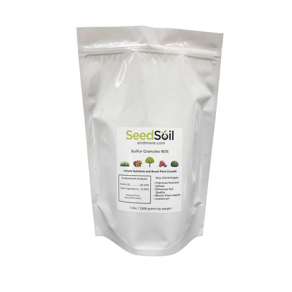Seed, Soil, and More Elemental Sulfur Granules 90% - Lowers Soil pH, Soil Conditioner for Lawns, Gardens & Plants – 5 lbs