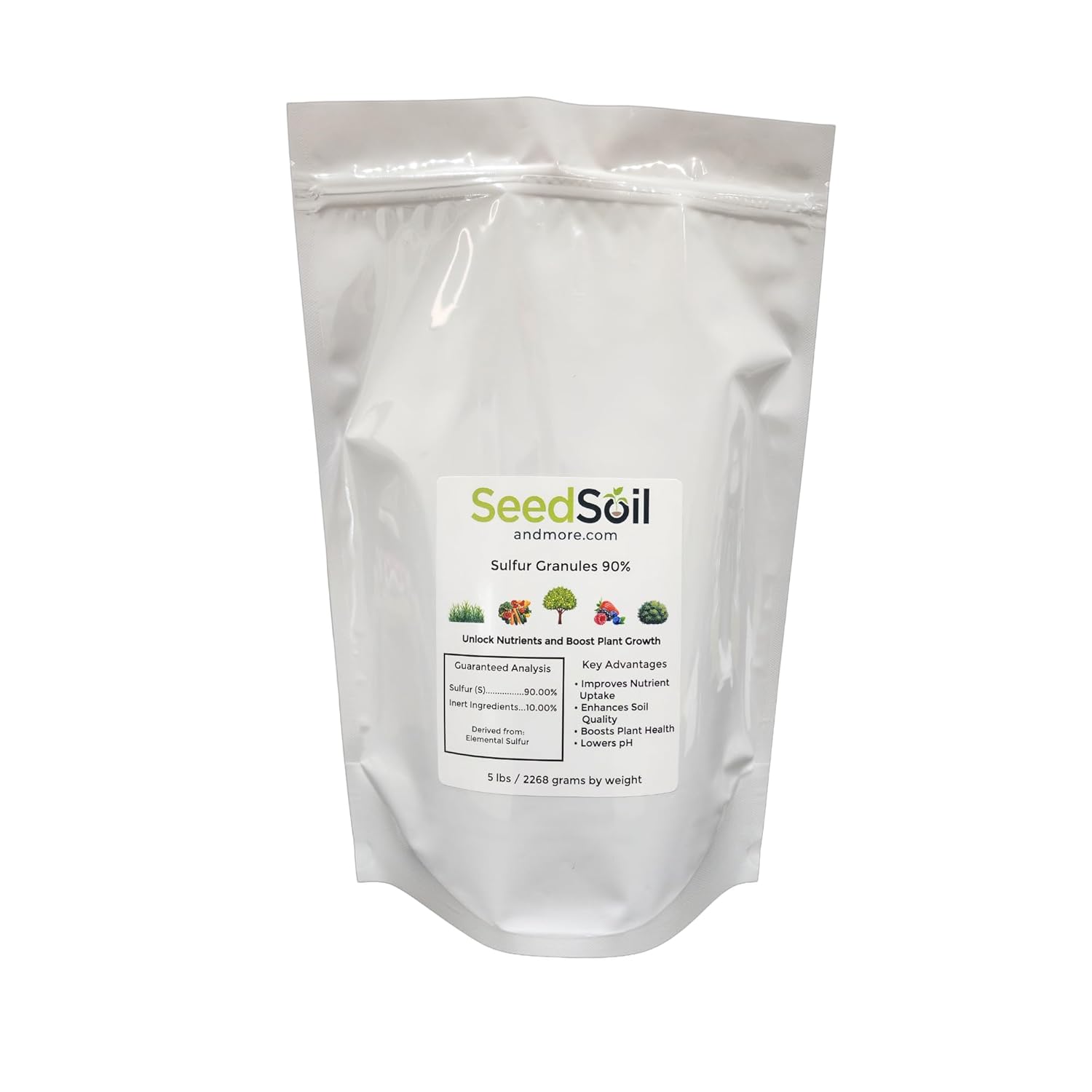 Seed, Soil, and More Elemental Sulfur Granules 90% - Lowers Soil pH, Soil Conditioner for Lawns, Gardens & Plants – 5 lbs