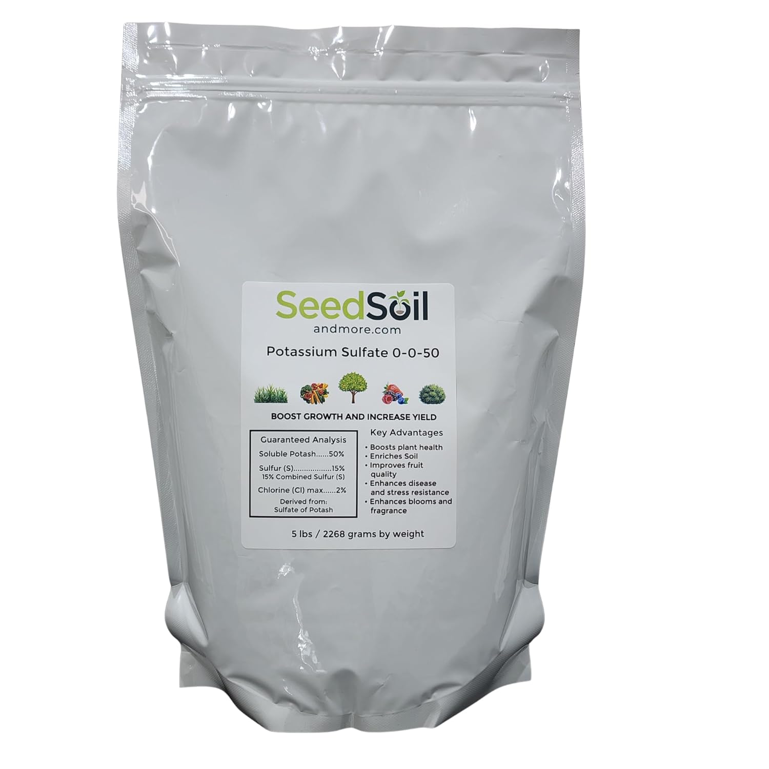 Seed, Soil, and More Sulfate of Potash (Potassium Sulfate) 0-0-50 Granular Fertilizer – 5lb Bag – Low-Chloride Fruit & Bloom Booster