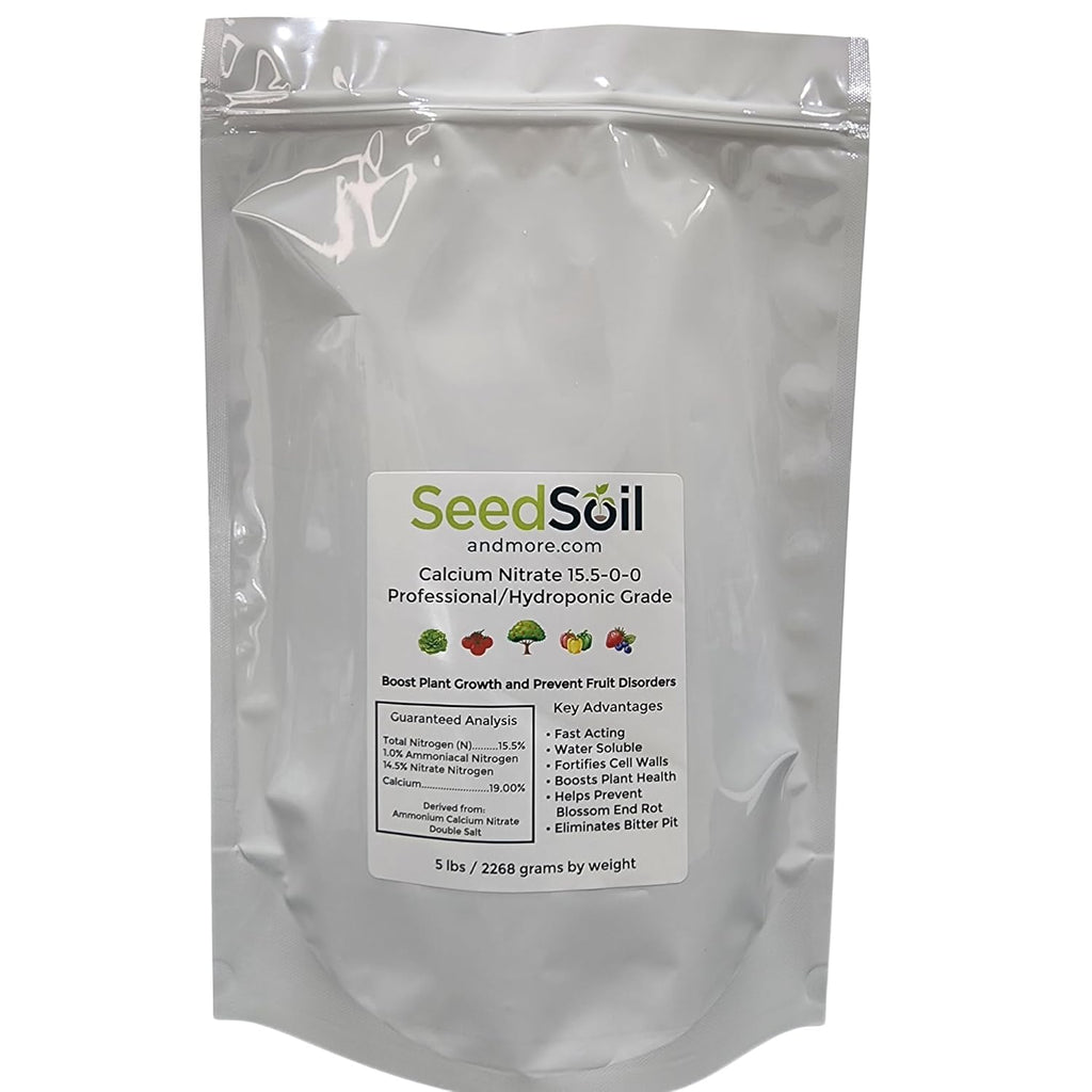 Seed, Soil, and More Calcium Nitrate Fertilizer 15.5-0-0 – Fast-Acting Nitrogen & Calcium – Prevents Blossom End Rot – Sweetens Fruit – Water Soluble for Soil & Hydroponics - 5 lbs