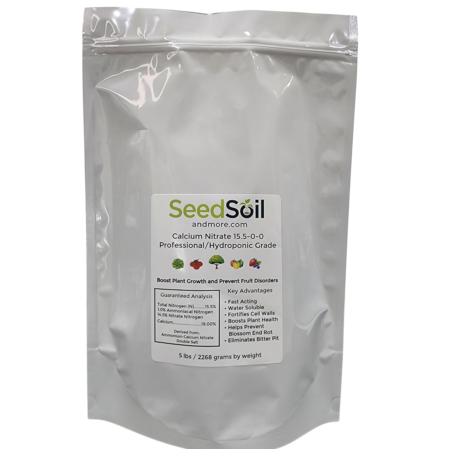Seed, Soil, and More Calcium Nitrate Fertilizer 15.5-0-0 – Fast-Acting Nitrogen & Calcium – Prevents Blossom End Rot – Sweetens Fruit – Water Soluble for Soil & Hydroponics - 5 lbs