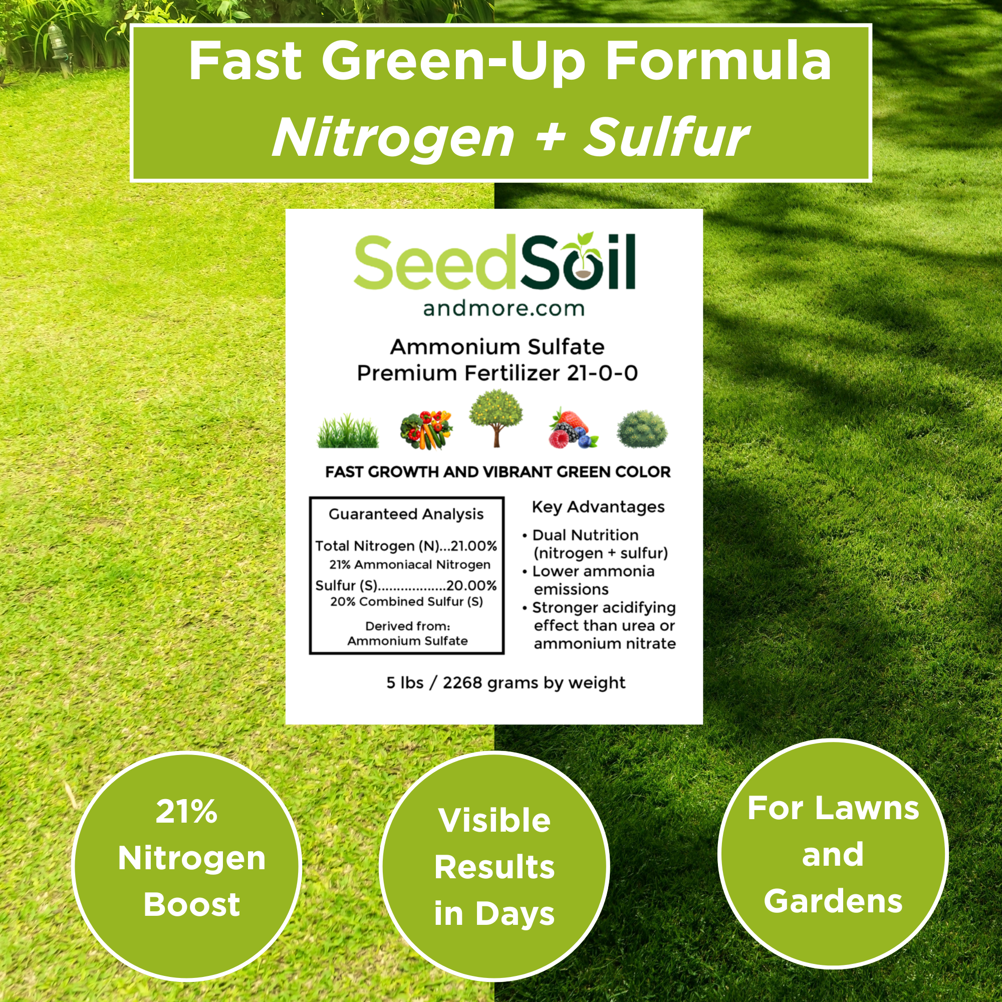 Ammonium Sulfate Premium Fertilizer 21-0-0, Granular High Nitrogen Plant Food for Lawns, Gardens & Vegetables – Fast-Acting Soil Acidifier for Alkaline Soil (5 lb / 2268g)