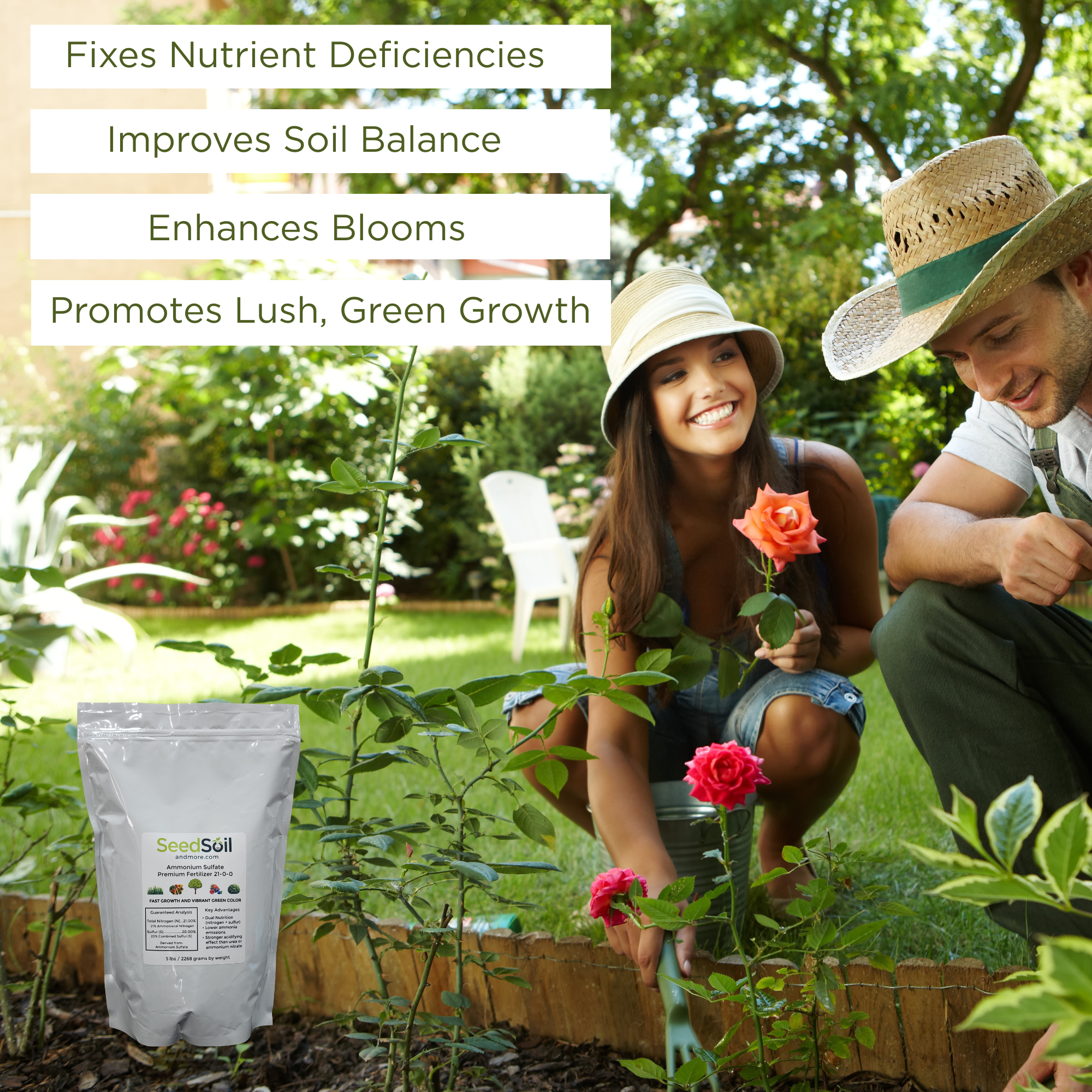 Ammonium Sulfate Premium Fertilizer 21-0-0, Granular High Nitrogen Plant Food for Lawns, Gardens & Vegetables – Fast-Acting Soil Acidifier for Alkaline Soil (5 lb / 2268g)